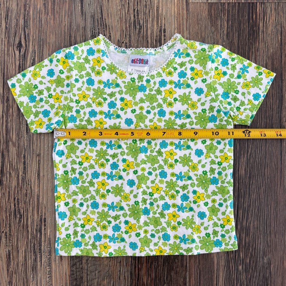 Okie Dokie S/S Tee Shirt 2T White Green Blue Yellow Floral Lace Trim 70s Style - Picture 4 of 7
